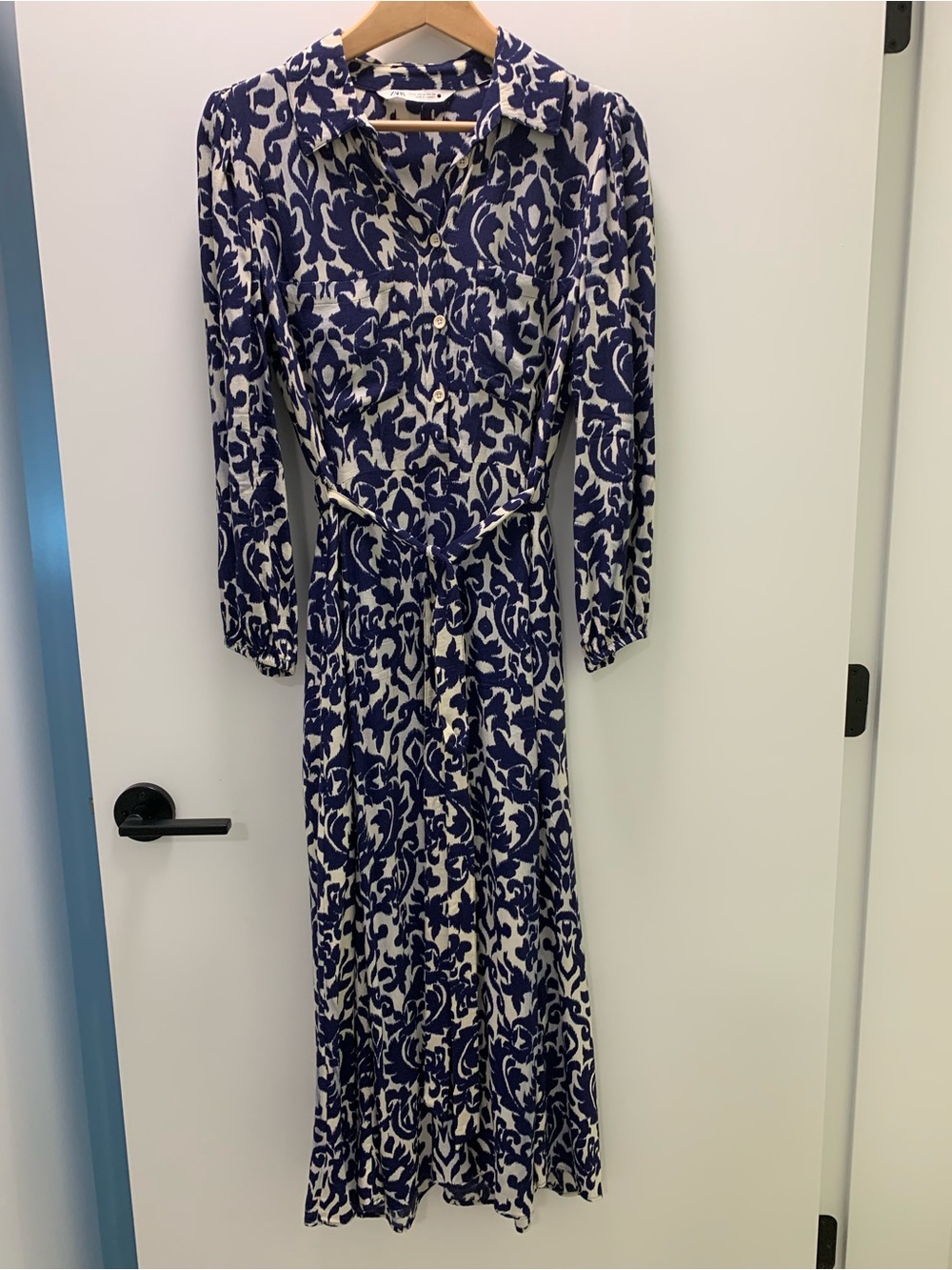 Zara Blue and White Printed Long Sleeve Maxi Shirt Dress